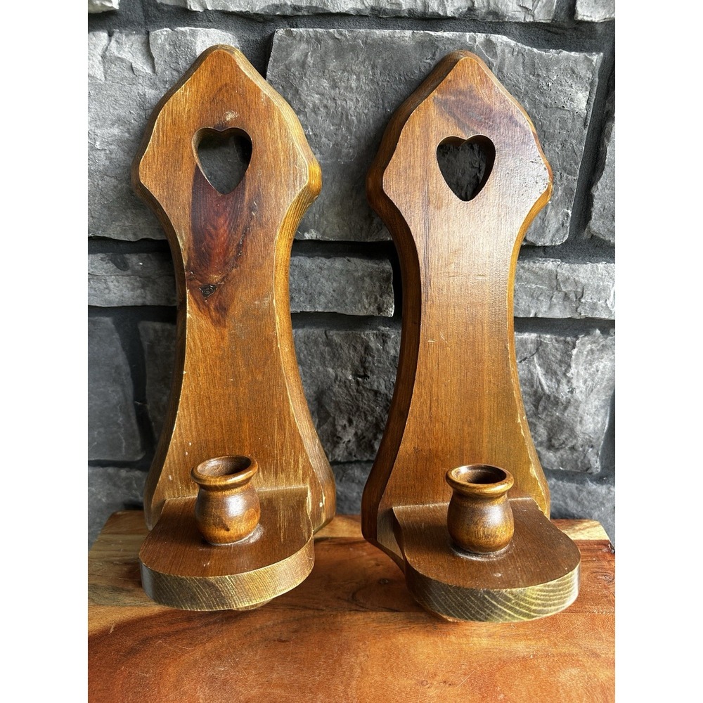 Vintage Wooden Wall Candle Sconces Pair Rustic Farmhouse Heart Cutout Cottage